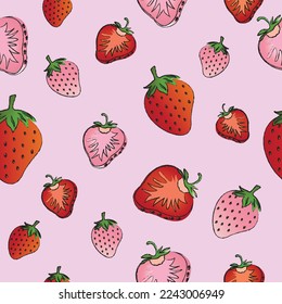 Patrón de fresa rojo y rosa sin fisuras vectorial sobre fondo de color pastel rosa , patrón de fruta papel de fondo transparente