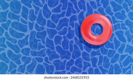 Red or pink swimming ring in the empty clear pool. Fresh clear water. Summer holidays banner. Swimming pool top view. Vector illustration