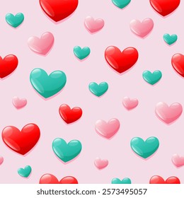 Red, pink, and teal hearts on a light pink backdrop. Perfect for Valentine's Day, love themed, greeting cards, and social media posts.