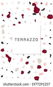 Red and Pink Terrazzo Wall Vector White Background. Fashion Terrazzo Tile Banner. Brown and Beige Repeat Illustration.