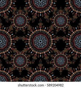 Red and pink texture on black background. Graphic modern pattern. Abstract pattern in Arabian style. Seamless vector background.