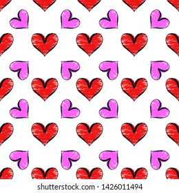 Red & pink textured heart seamless pattern. Fashion background for wallpaper, scrap booking and textile. Abstract wrapping decoration. Love symbol illustration for Valentine day. Simple flat design. 