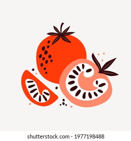 Red and pink tomatoes. Vector illustration of vegetables in flat trendy style. Tomato cut in half, a piece, seeds. Healthy food. Design for poster, card, menu, print, advertising farmers market