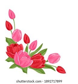 Red and pink tulips bouquet. Floral design element for greeting card, corner, frame. Vector illustration of spring flowers in cartoon flat style