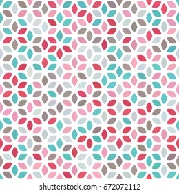 Red, pink, turquoise blue, brown, grey spot seamless pattern on white. Round diamond flower background. Abstract geometric texture for prints, textile, wrapping, fabric, package, cover, greeting card