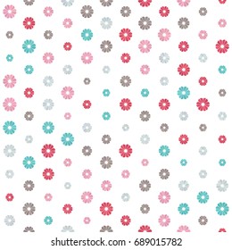 Red, pink, turquoise blue, brown, grey gradient spot flower seamless pattern on white. Round triangle abstract floral geometric ornament for prints, textile, fabric, package, cover, bed linen