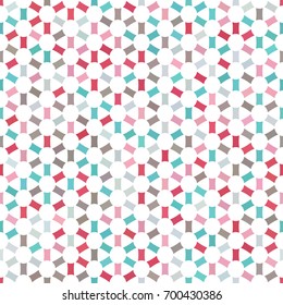 Red, pink, turquoise blue, brown, grey spot seamless pattern on white background. Round rectangle flower texture. Abstract vector for prints, wrapping, textile, fabric, package, cover, greeting cards