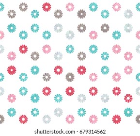 Red, pink, turquoise blue, cyan, grey, brown gradient spot flower seamless pattern on white. Round triangle abstract floral geometric ornament for prints, textile, fabric, package, cover, bed linen