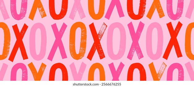 Red and pink typography seamless pattern with grunge letters X and O. Brush drawn capital letters with rough texture. Romantic background for Valentine's day. Grunge bold font with dry brush texture