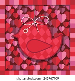 red and pink valentine heart pattern background and frame, with hanging bird decoration
