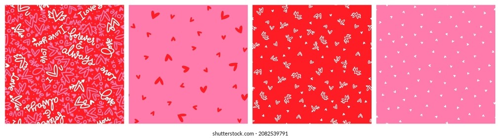 Red and pink Valentines day heart seamless pattern set. Love symbol and lettering non directional vector colorful designs.