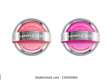 Red and pink vector glossy glass round badges / banners with metallic decorations