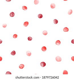 Red, pink vector watercolor round spots, polka dots seamless repeat vector pattern. Watercolour drops, uneven circle shape blobs, smears, brush strokes decoration. Hand drawn painted background.