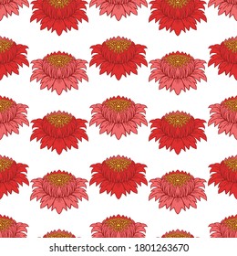 Red and pink vintage peonies buds. Symmetrical flowers on a white background. Seamless vector pattern.