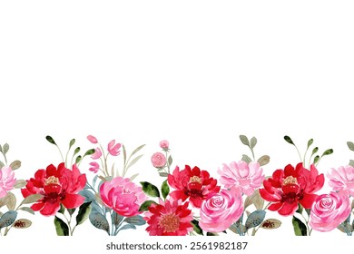 Red pink watercolor floral card. Hand drawn illustration on white background.