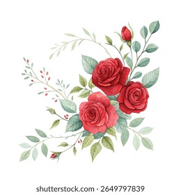 Red and pink watercolor flower arrangement with delicate petals, botanical elements, and vibrant natural accents for elegant design projects and romantic decorations