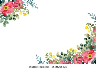 Red pink watercolor flower border for wedding, birthday, card, background, invitation, wallpaper, sticker, decoration etc.