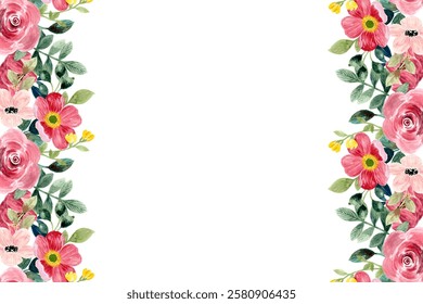 Red pink watercolor flower border for wedding, birthday, card, background, invitation, wallpaper, sticker, decoration etc.