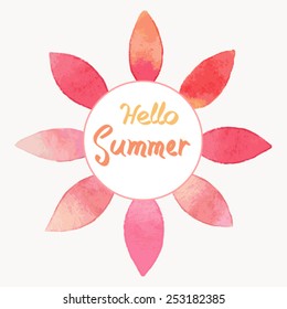 Red and pink watercolor petals with word Hello  Summer vector illustration