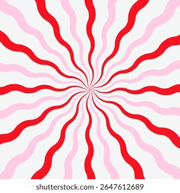 Red and pink wavy sunburst background with candy swirl effect. Retro radial burst design. Ideal for sweets, Valentines Day, party decor, packaging, or festive banners. Vector illustration.