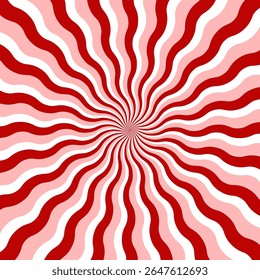 Arrière-plan rouge et rose ondulé tournesol. Spirale de bonbons tourbillonnante avec lignes radiales dynamiques. Sursauts psychédéliques rétro pour des conceptions sucrées, des thèmes de vacances et des graphismes festifs. Illustration vectorielle.