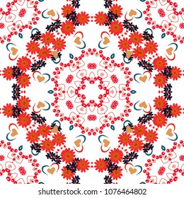 Red, pink and white colors vector seamless pattern with many flowers.