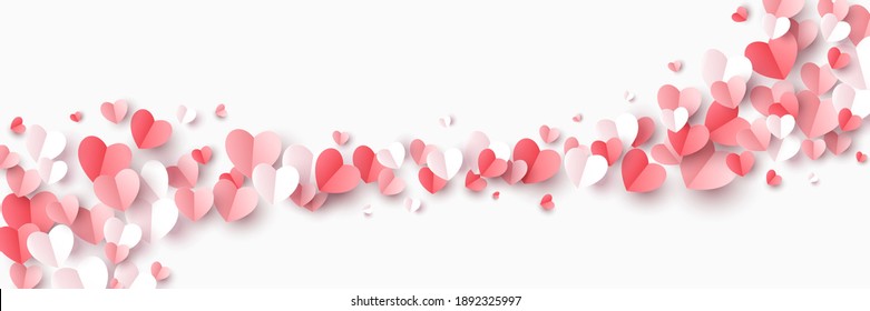 Corazones voladores rojos, rosados y blancos aislados sobre fondo blanco. Ilustración vectorial. Decoraciones de corte de papel para el diseño del borde o marco de San Valentín.