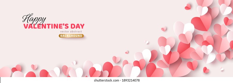 Red, pink and white flying hearts on white background. Vector illustration. Paper cut decorations for Valentine's day border or frame design, place for text, typography template.