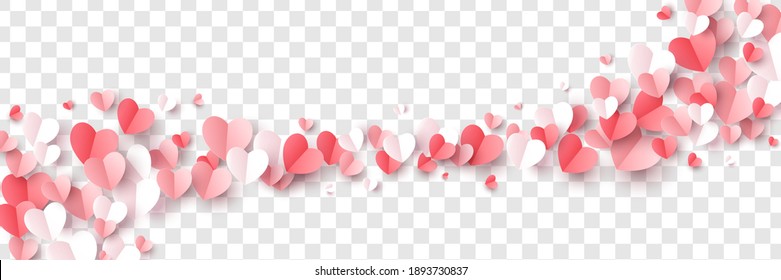 Red  pink   white flying hearts isolated transparent background  Vector illustration  Paper cut decorations for Valentine's day border frame design 