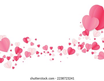 Red, pink and white flying hearts isolated on transparent background. Decorative paper cut vector illustration for valentine's day border or frame design.