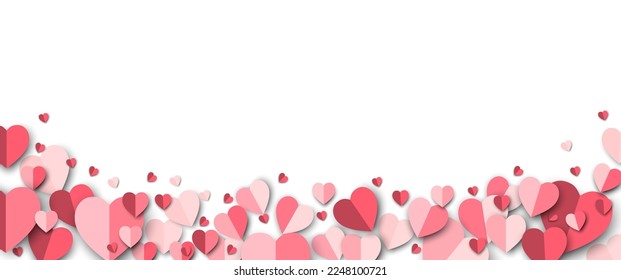 Red, pink and white flying hearts isolated on transparent background. Vector illustration. Paper cut decorations for Valentine's day border or frame design, Cute love sale banner or greeting card