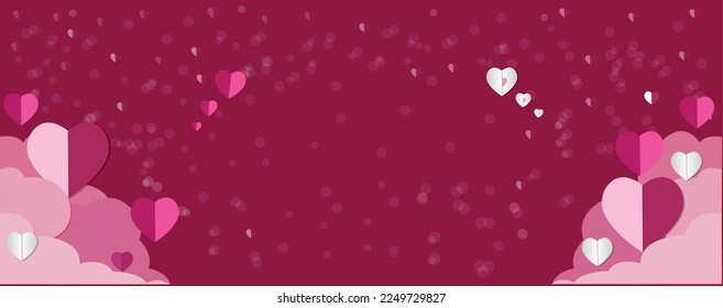 Red, pink and white flying hearts isolated. Paper cut decorations for Valentine's day border or frame design,