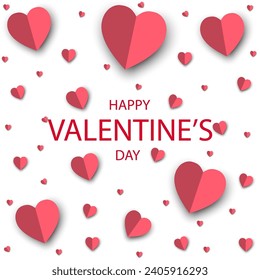 Red, pink and white flying hearts background. Vector illustration. Paper cut decorations for Valentine's day border or frame design, Cute love sale banner or greeting card	