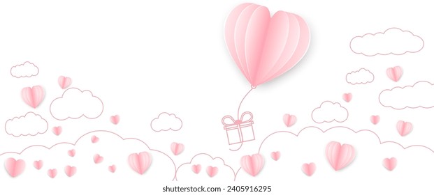 Red, pink and white flying hearts background. Vector illustration. Paper cut decorations for Valentine's day border or frame design, Cute love sale banner or greeting card	