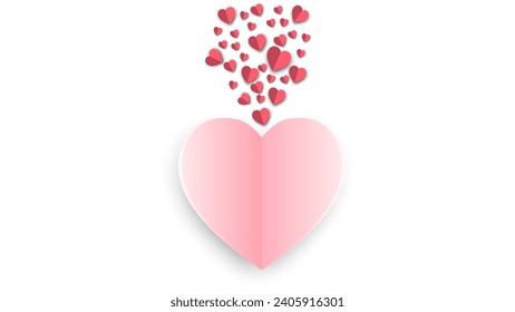 Red, pink and white flying hearts background. Vector illustration. Paper cut decorations for Valentine's day border or frame design, Cute love sale banner or greeting card	
