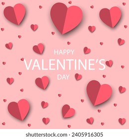 Red, pink and white flying hearts background. Vector illustration. Paper cut decorations for Valentine's day border or frame design, Cute love sale banner or greeting card	