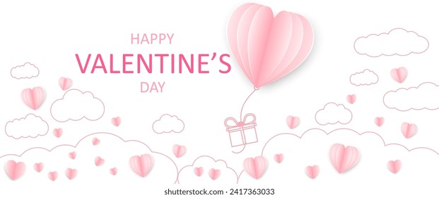 Red, pink and white flying hearts background. Vector illustration. Paper cut decorations for Valentine's day border or frame design, Cute love sale banner or greeting card	

