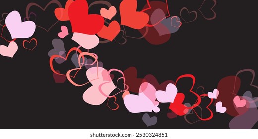 Red, pink and white flying hearts isolated on transparent background.  Magic fantasy girly gradient. Cartoon vector romantic illustration.