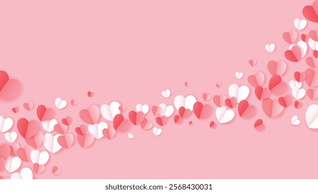 Red, pink and white flying hearts isolated on pink background. Vector illustration. Paper cut decorations for Valentine's day border or frame design