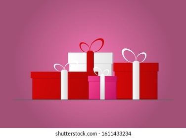 Red, pink and white gift box, On pink gradient background. Welcome valentine's day.