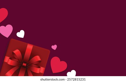 Red, pink, white heart shape and gift box decoration for Valentine's, Women's and Mother's Day. Love concept background with space for text. Vector illustration