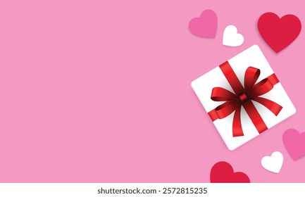 Red, pink, white heart shape and gift box decoration for Valentine's, Women's and Mother's Day. Love concept background with space for text. Vector illustration
