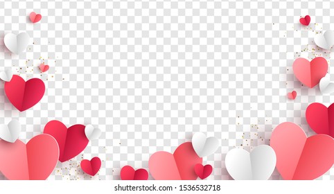 Red, pink and white hearts with golden confetti isolated on transparent background. Vector illustration. Paper cut decorations for Valentine's day design