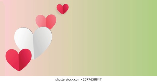 Red, pink and white hearts with golden confetti isolated on transparent background. Vector illustration. Paper cut decorations for Valentine's day design