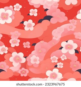 Red Pink White Japanese Cherry Blossoms Sakura Kimono Seamless Pattern Wallpaper Background