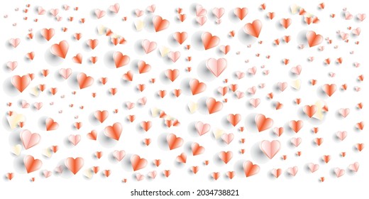 Red, pink and white minimal hearts isolated on transparent background. Vector illustration. Paper cut decorations for Valentine's day border or frame design,