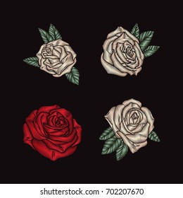Red pink and white roses embroidery on black background. Set of elements for design. Floral decoration vector.