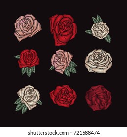 Red pink and white roses embroidery on black background. Set of elements for design. Floral decoration vector.