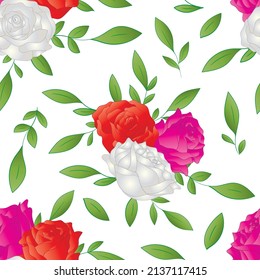 Red, pink, and white roses seamless pattern on white background. Vector illustration.