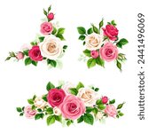 Red, pink, and white roses. Set of vector floral design elements with red, pink, and white rose flowers and green leaves isolated on a white background. Hand-drawn illustration, not AI